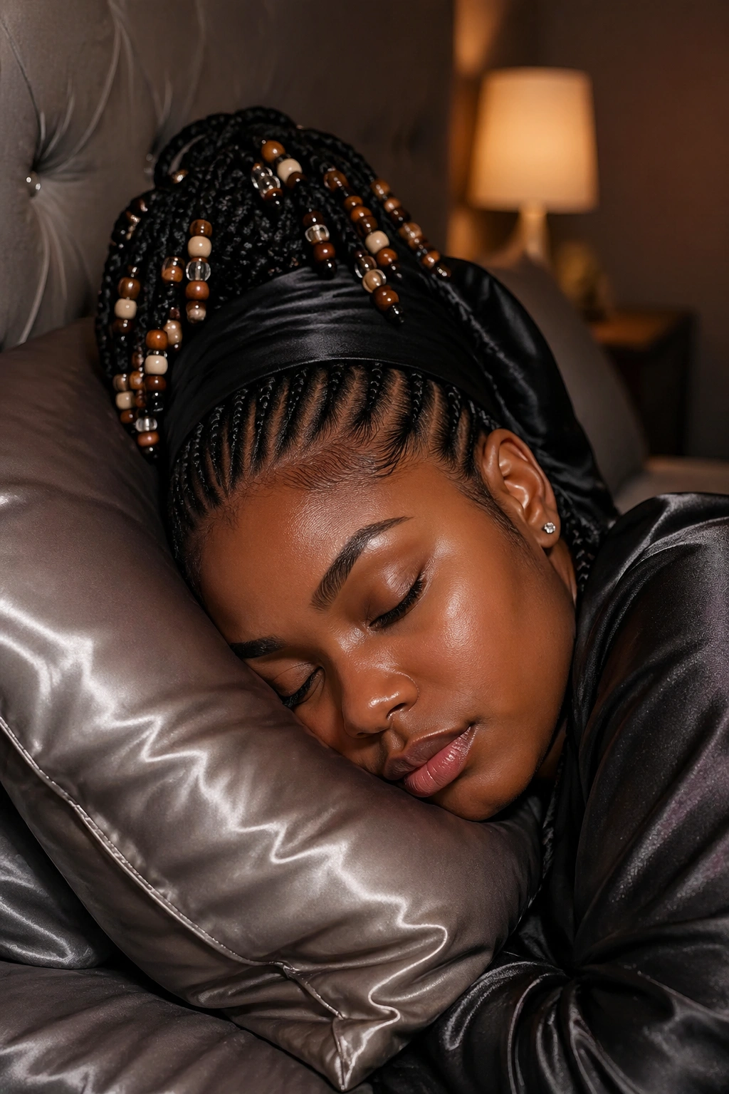 Real person sleeping with beaded cornrows styled in a pineapple to protect beads.