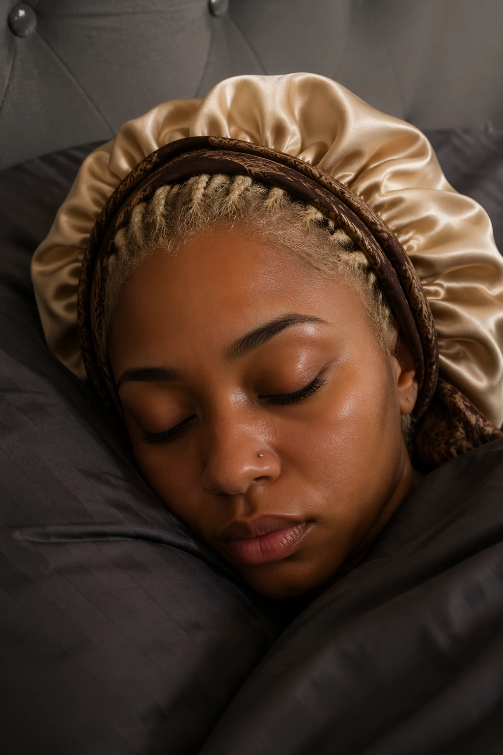 Close-up of a real person wearing a satin bonnet while sleeping in bed.
