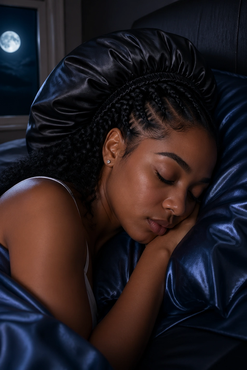 Woman sleeping with half cornrows in bed wearing satin bonnet