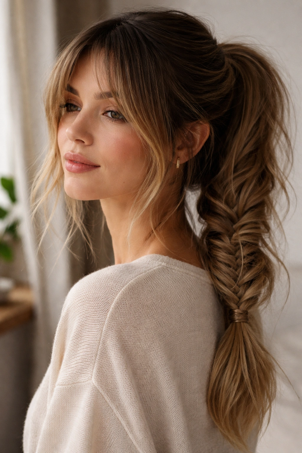 Slept-in fishtail ponytail with curtain bangs and relaxed texture.