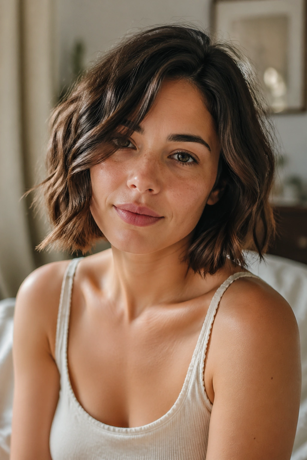 Close-up of a real woman with slept-in wave bob and off-center part in a cozy bedroom