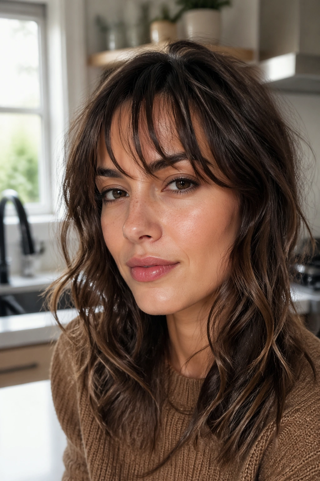 Close-up portrait of a real woman with sliced bangs separated into soft strips