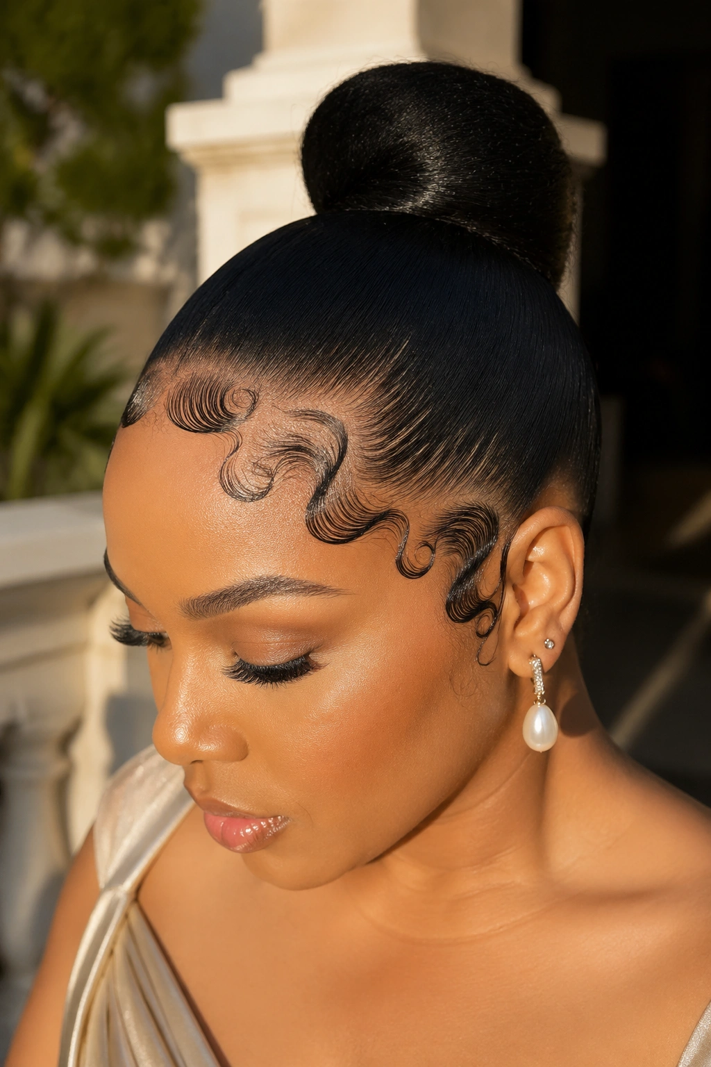 Portrait of a woman with a slicked-back bun and baby hair art.