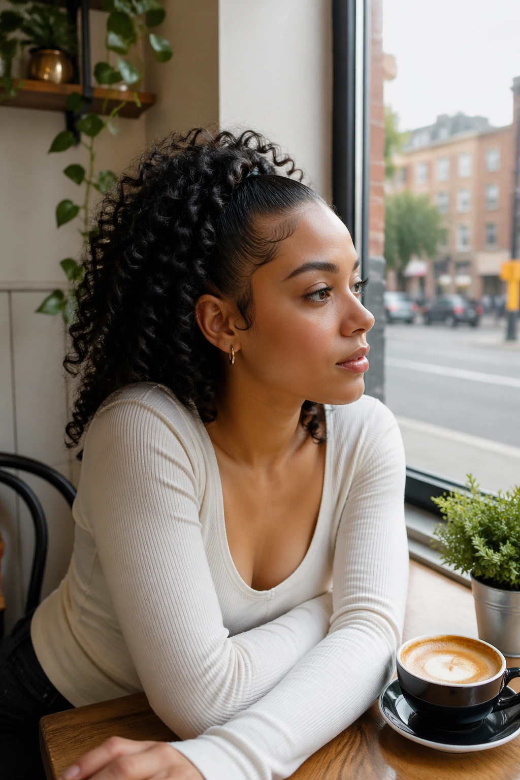 Sleek-to-Curly Slick Back with Hairline Piece at a cafe window.
