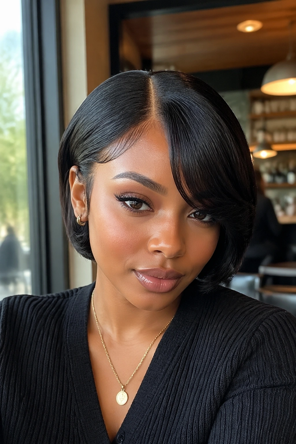 Close-up of a real woman with a slick middle part and side-swept bang in a cafe setting.