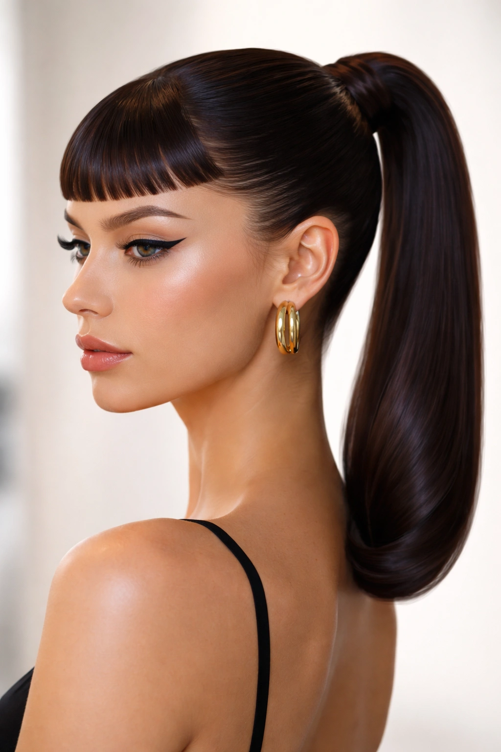 Slick ponytail with tucked ends and micro fringe in studio