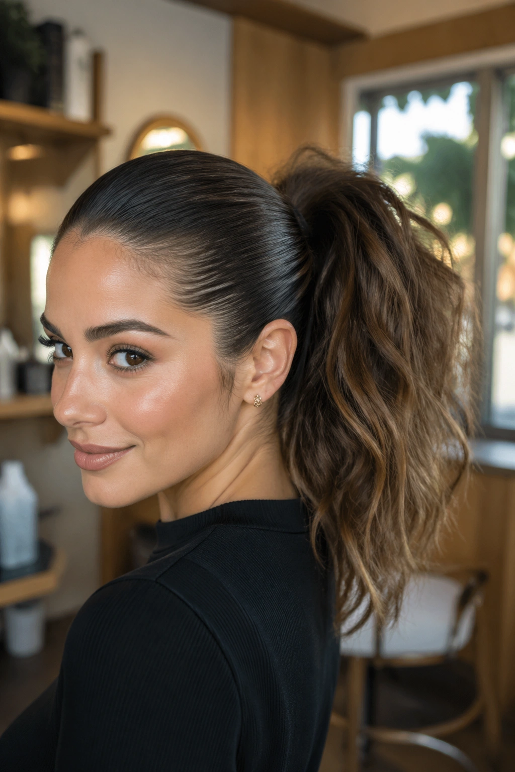 Close-up of a real woman's slicked roots and fluffy ponytail in a chic salon setting