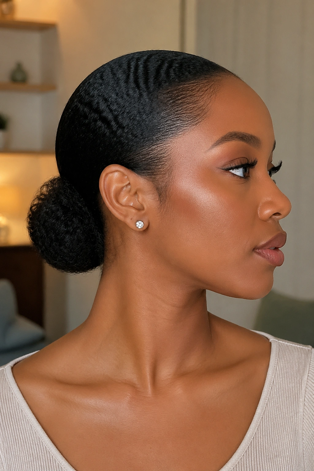 Portrait of a real person with a slicked-back low bun at the nape