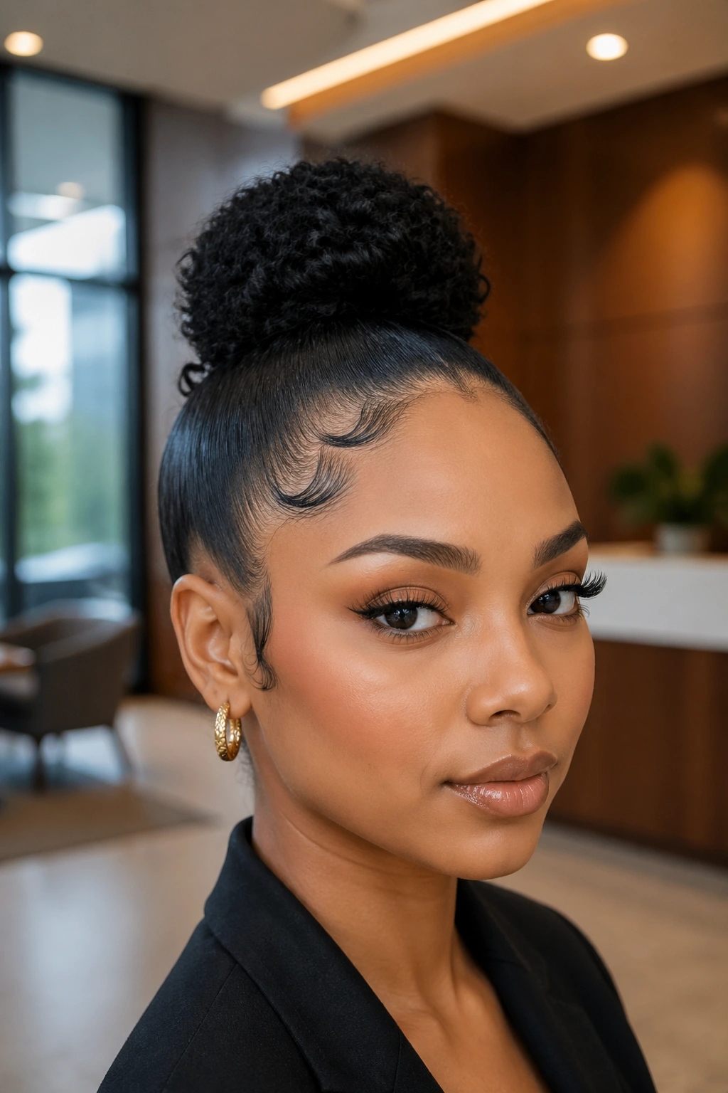 Close-up portrait of a real Black woman with a slicked-back bun and defined edges in a professional setting