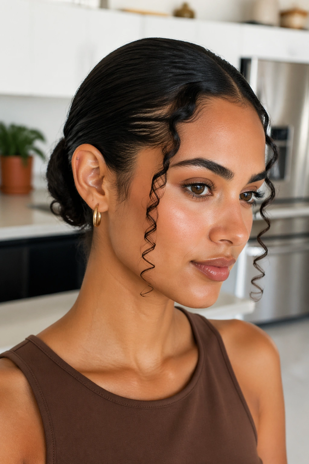 Close-up of a woman with a slicked-back low bun and face-framing curls