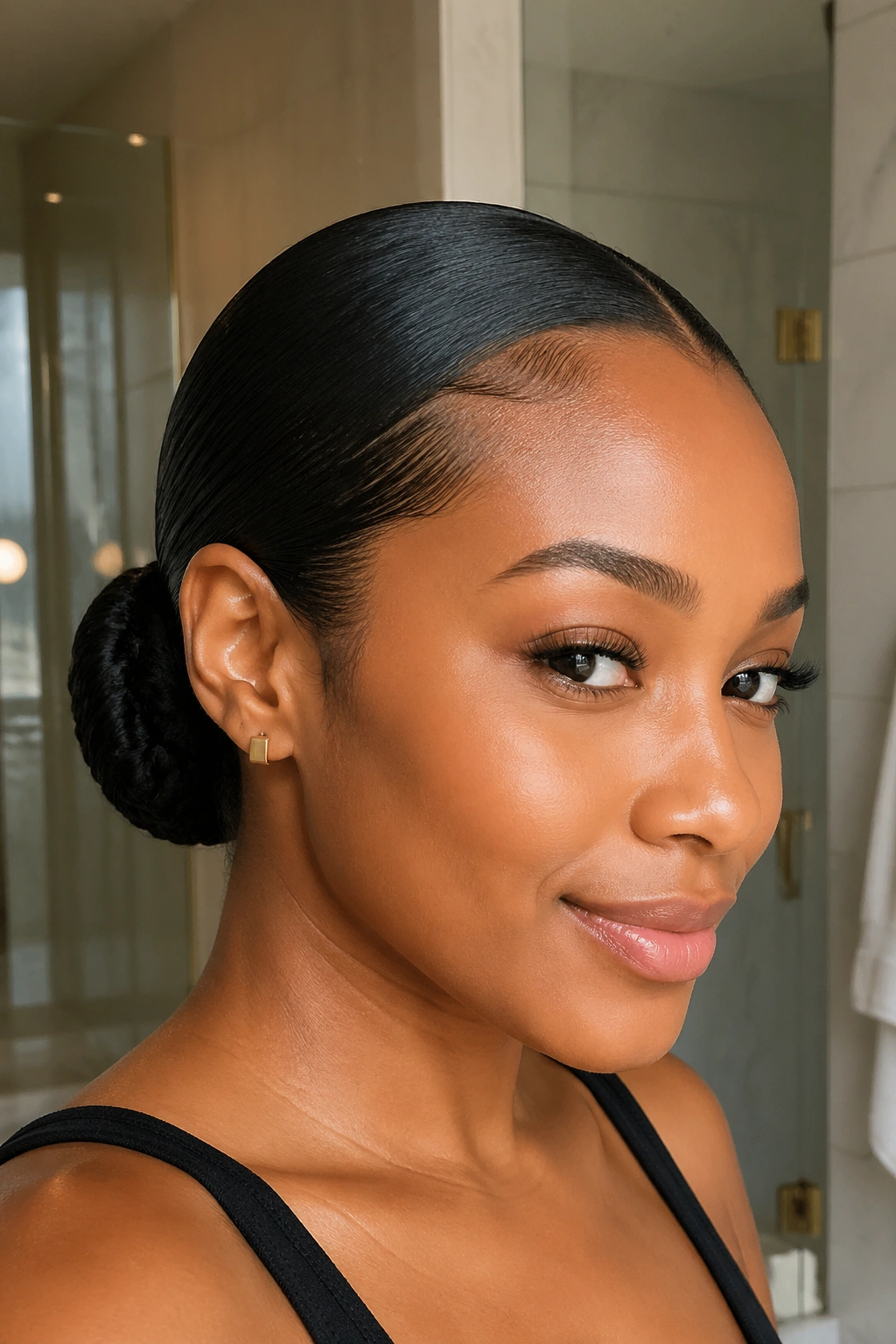 Portrait of a real woman with a sleek slicked-back low bun at the nape