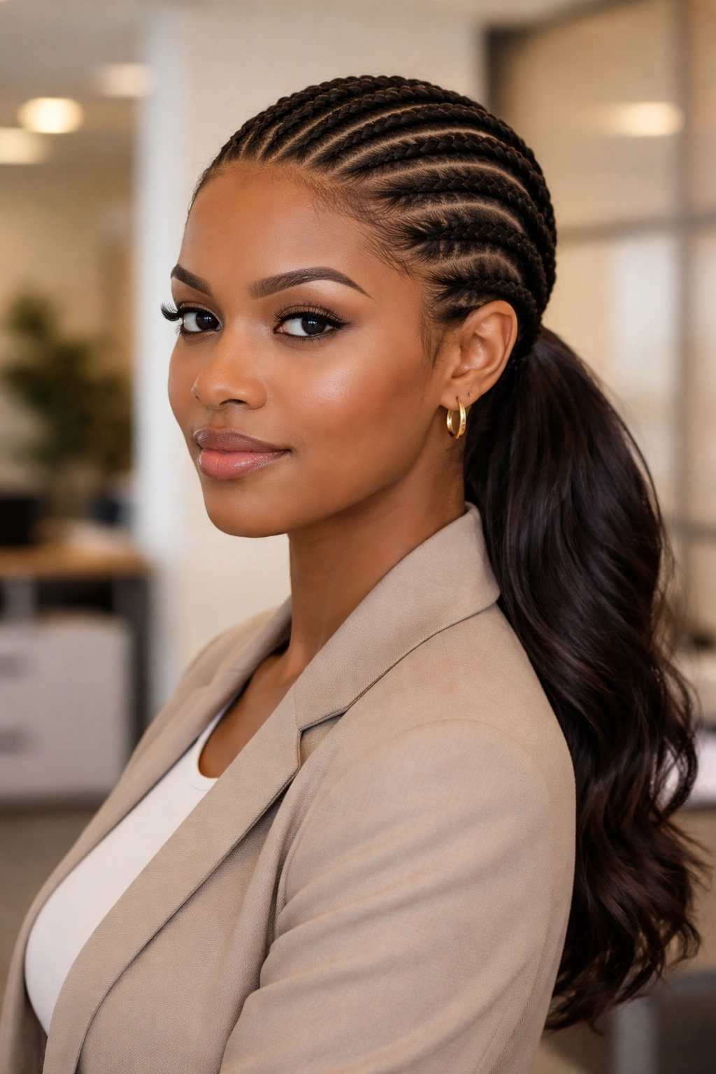 Close-up of half cornrow with slicked-back loose hair on a real woman