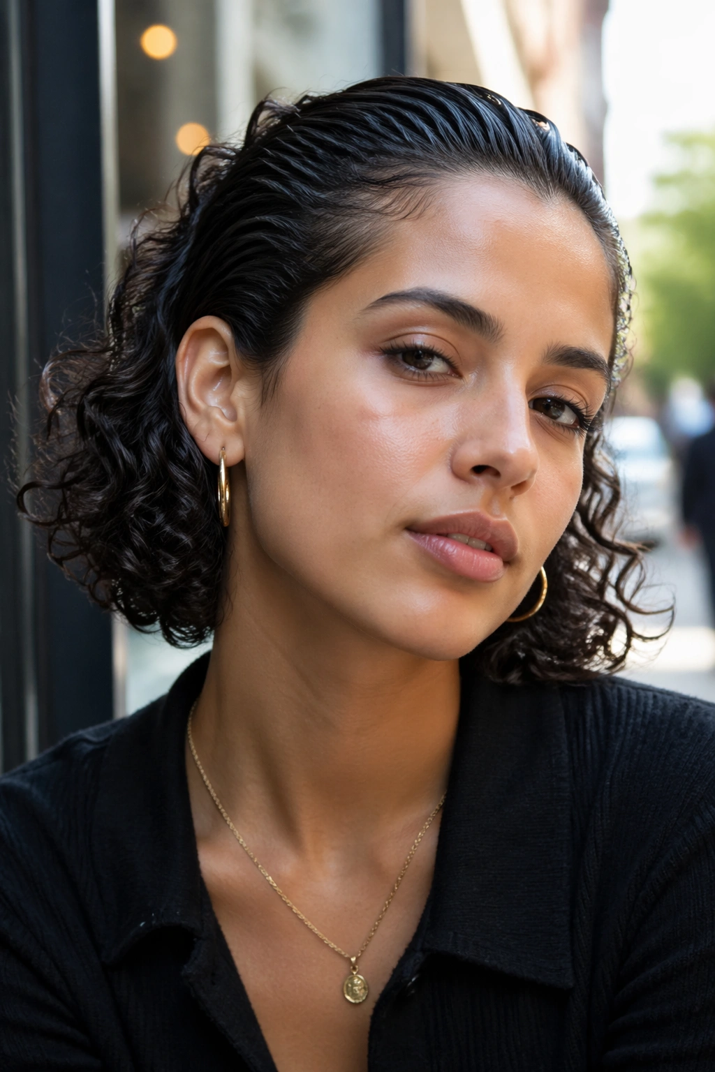 Close-up of a real woman with a slicked-back crown and free curly ends at the hairline