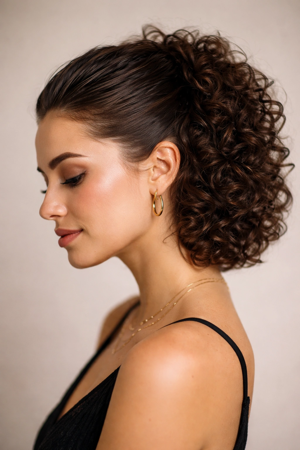 Profile view of slicked-back crown hairstyle with curly crown