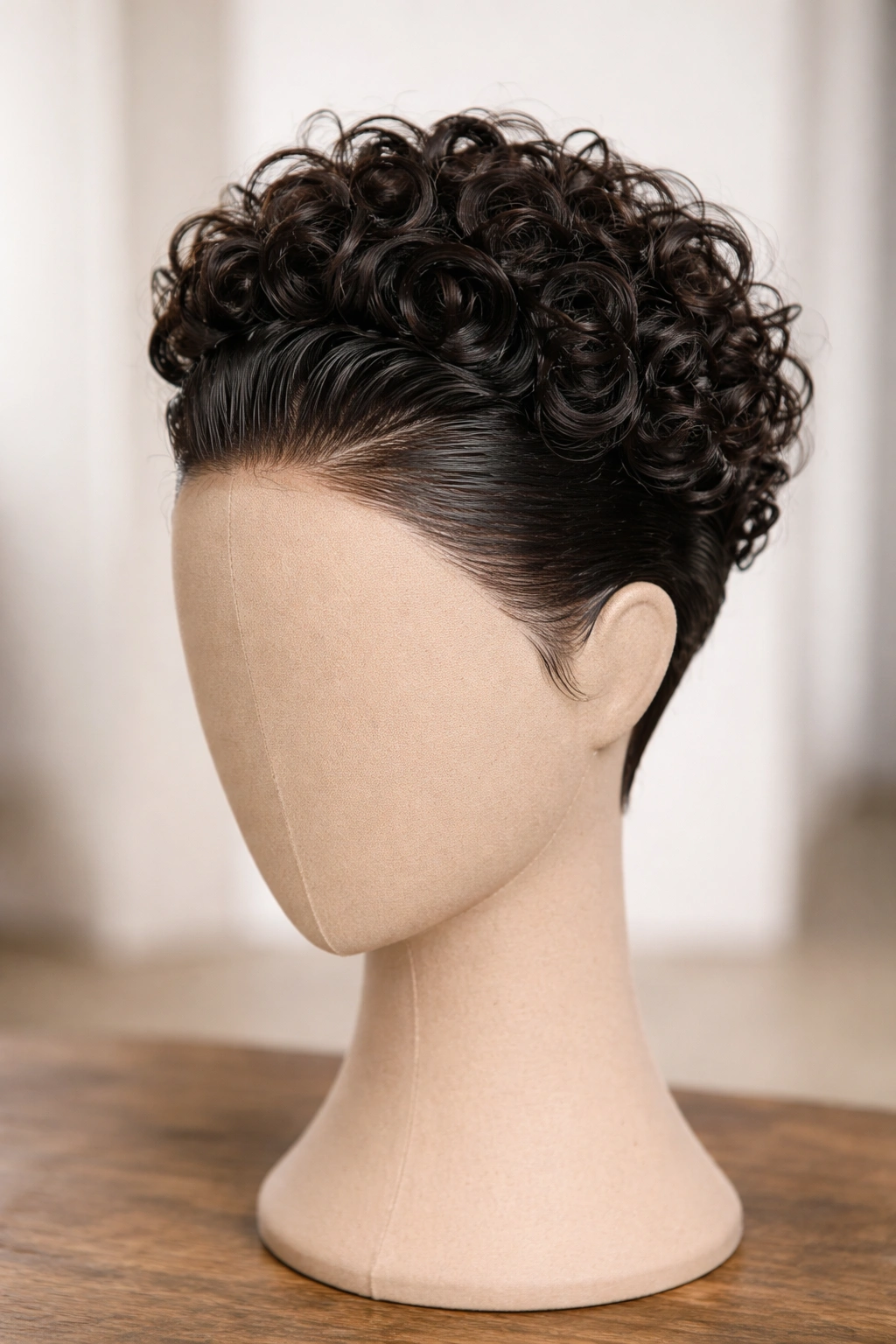 Slicked-back curly pixie wig with gelled roots and voluminous top curls