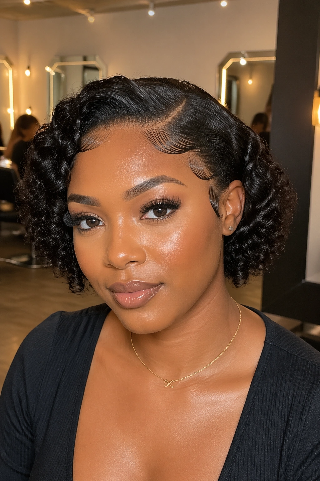 Close-up of real person with slicked-back edges and soft curls