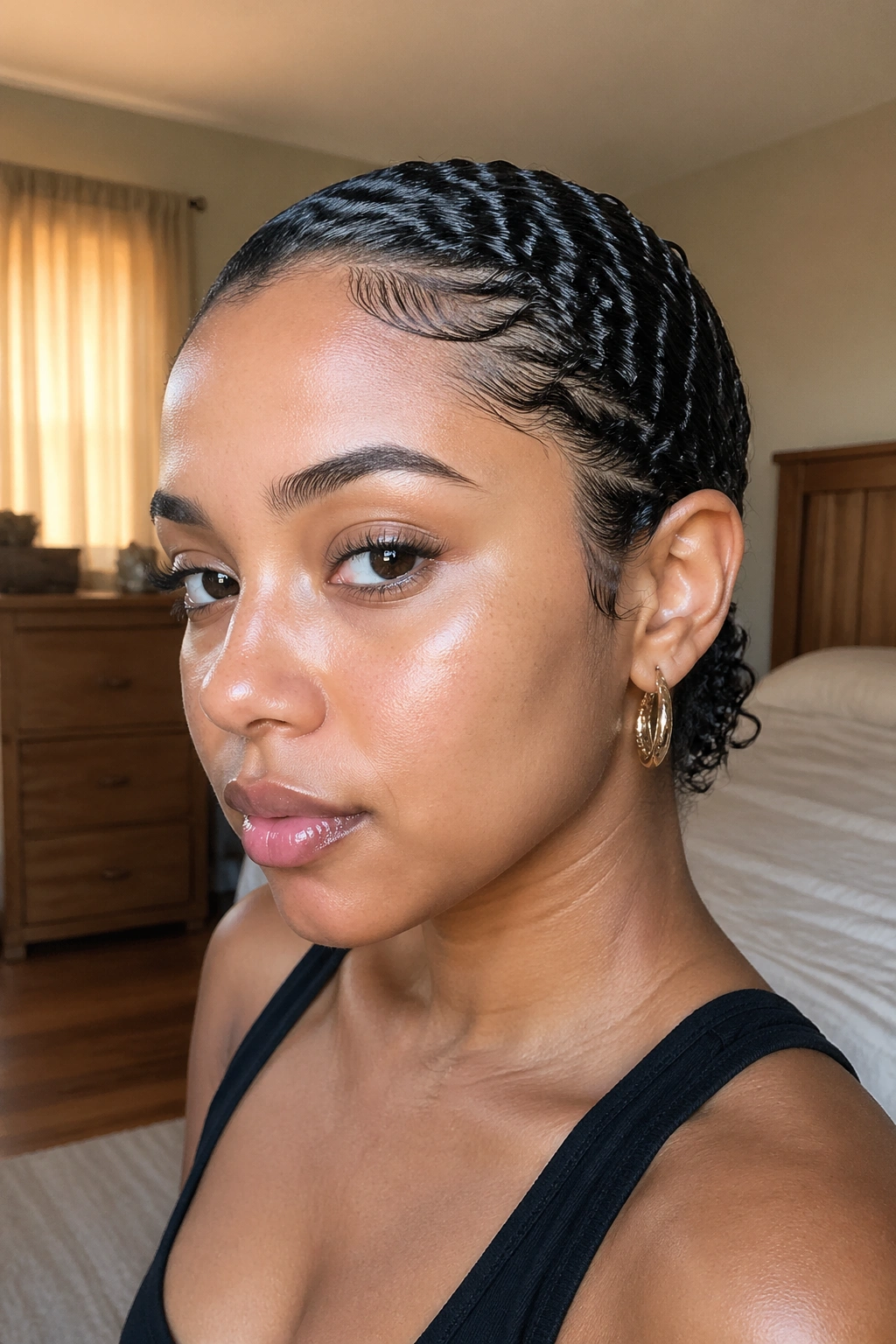 Close-up of a real woman with slicked-back gel style and defined curls pressed to the scalp