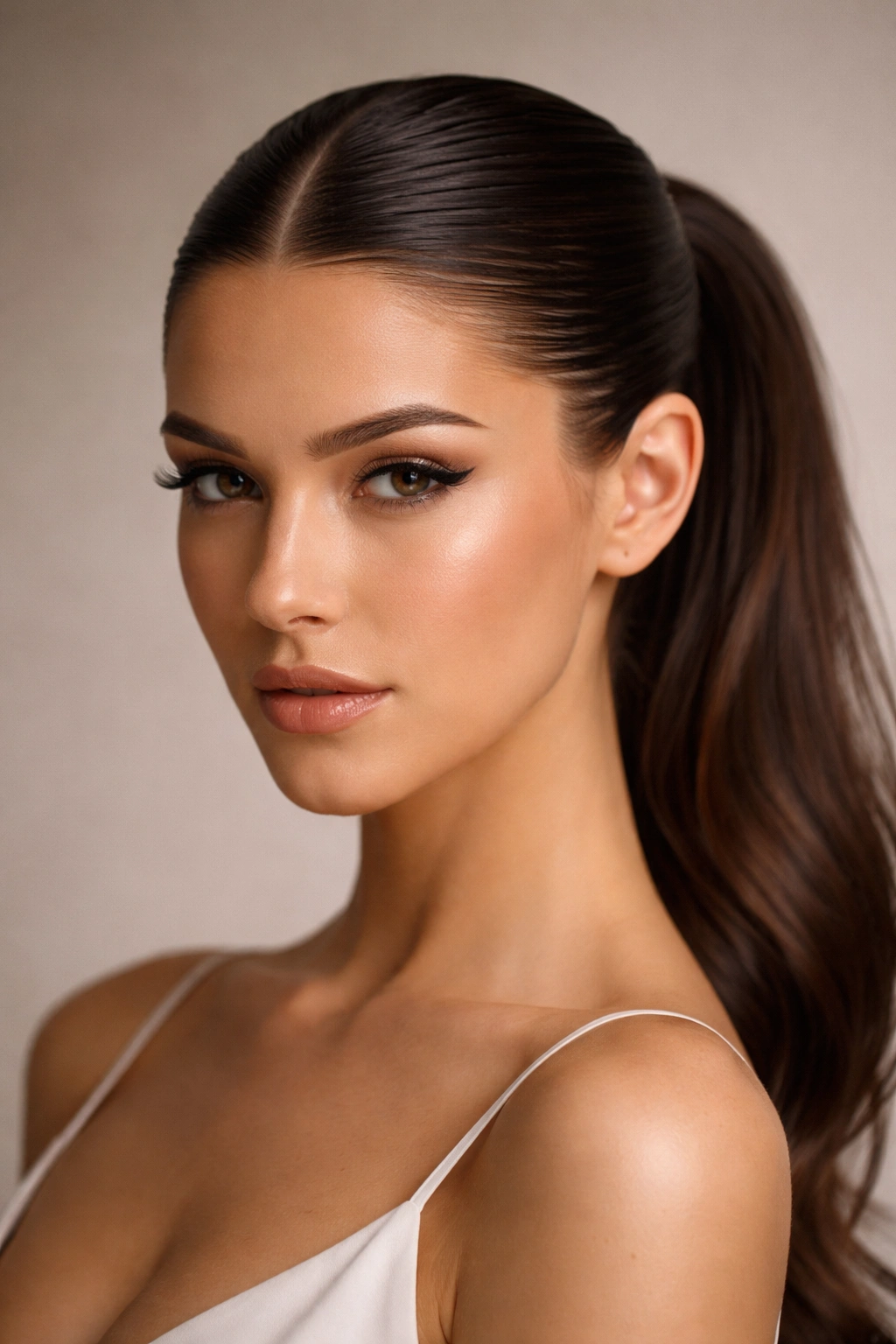 Slicked back middle part with glassy shine