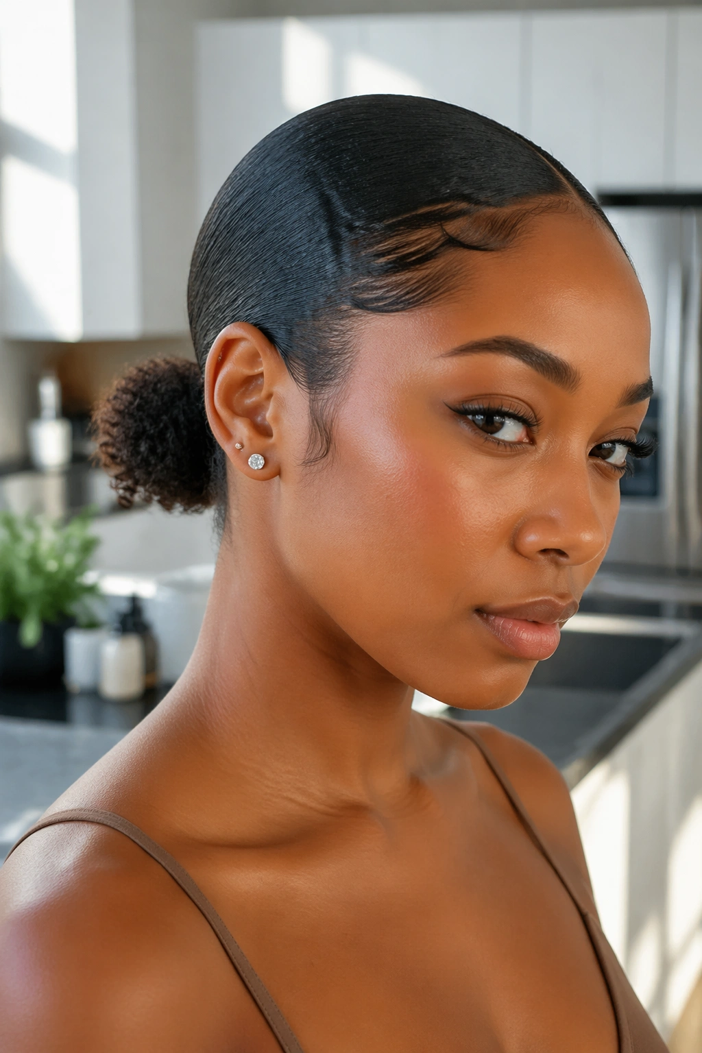 Close-up of a Black woman with a slicked-back mini ponytail in bright kitchen light.