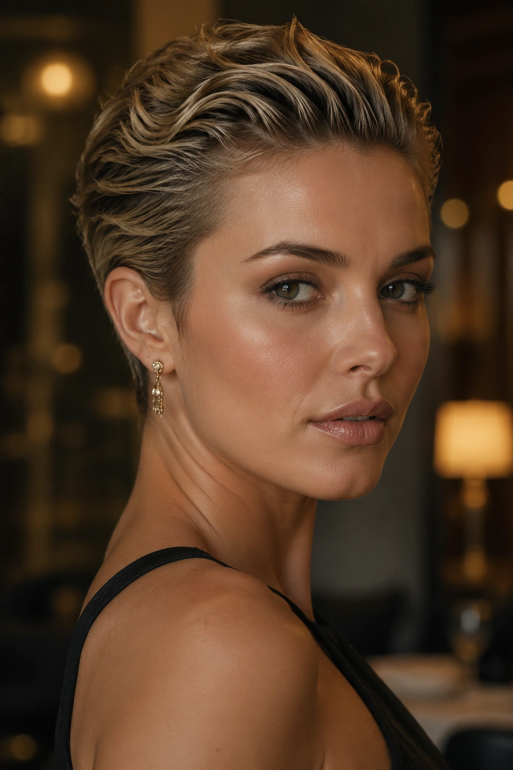 Close-up of a real woman with slicked-back wavy pixie in a chic setting