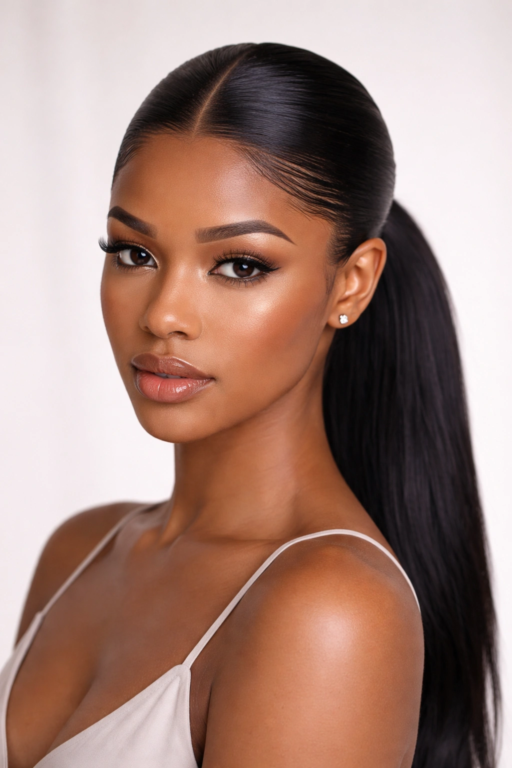 Low ponytail with a slicked-back, deep sharp part