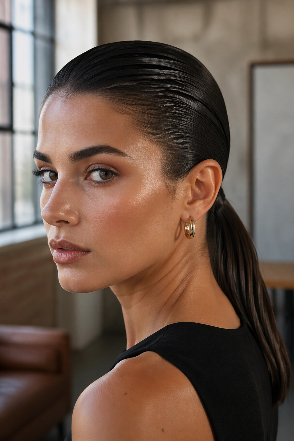 Real woman with slicked-back wet-look ponytail in urban loft