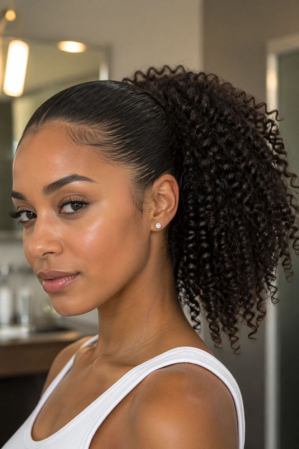 Close-up of a real woman with a slicked-back front and puff ponytail