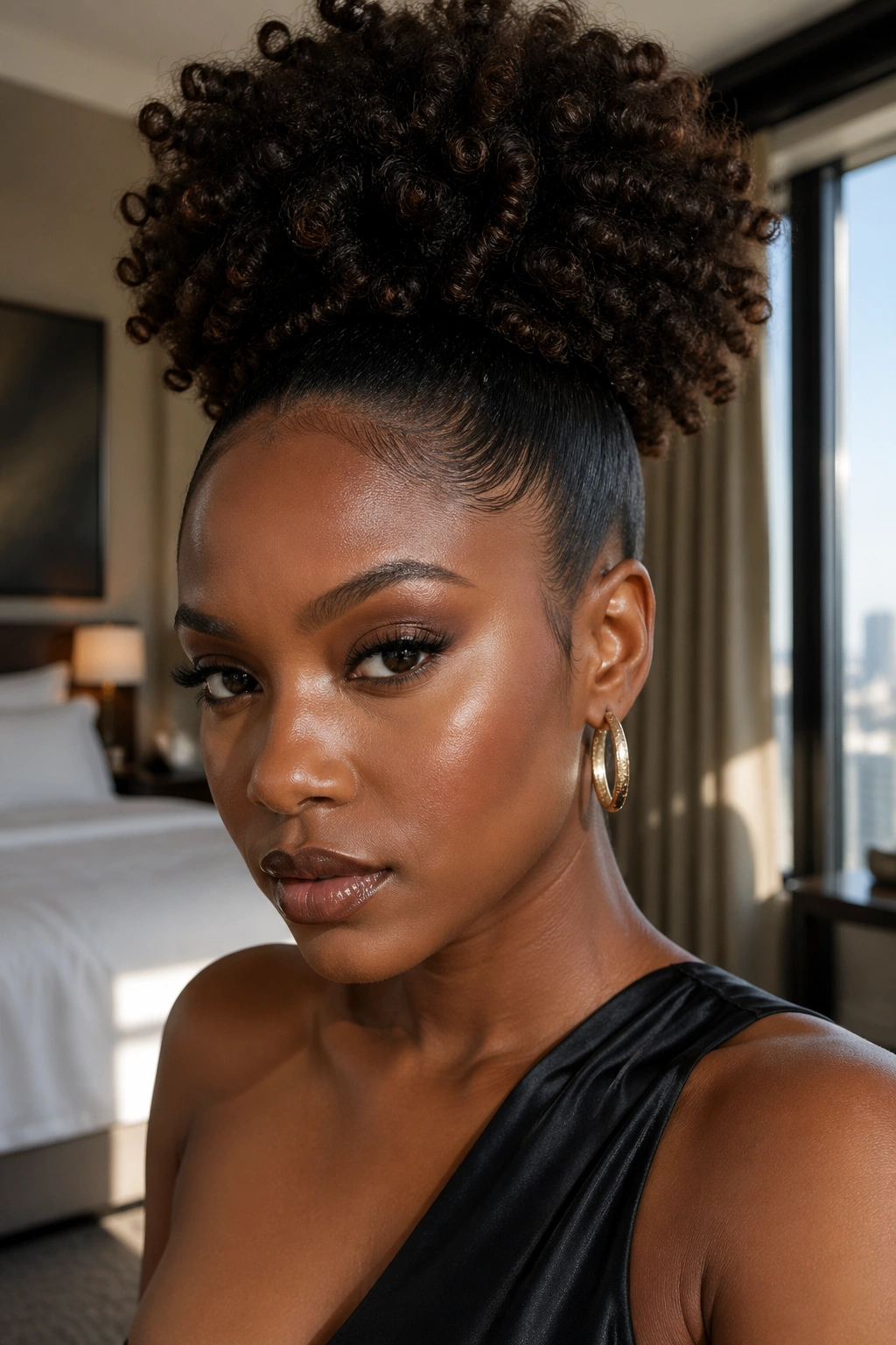 Close-up of a real woman with slicked-back edges and a voluminous crown puff.