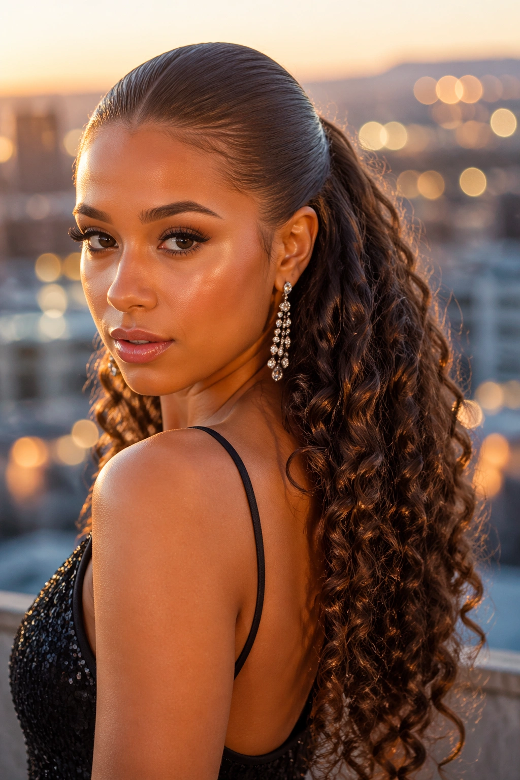Real woman with slicked-back top and large curls cascading down on rooftop at golden hour
