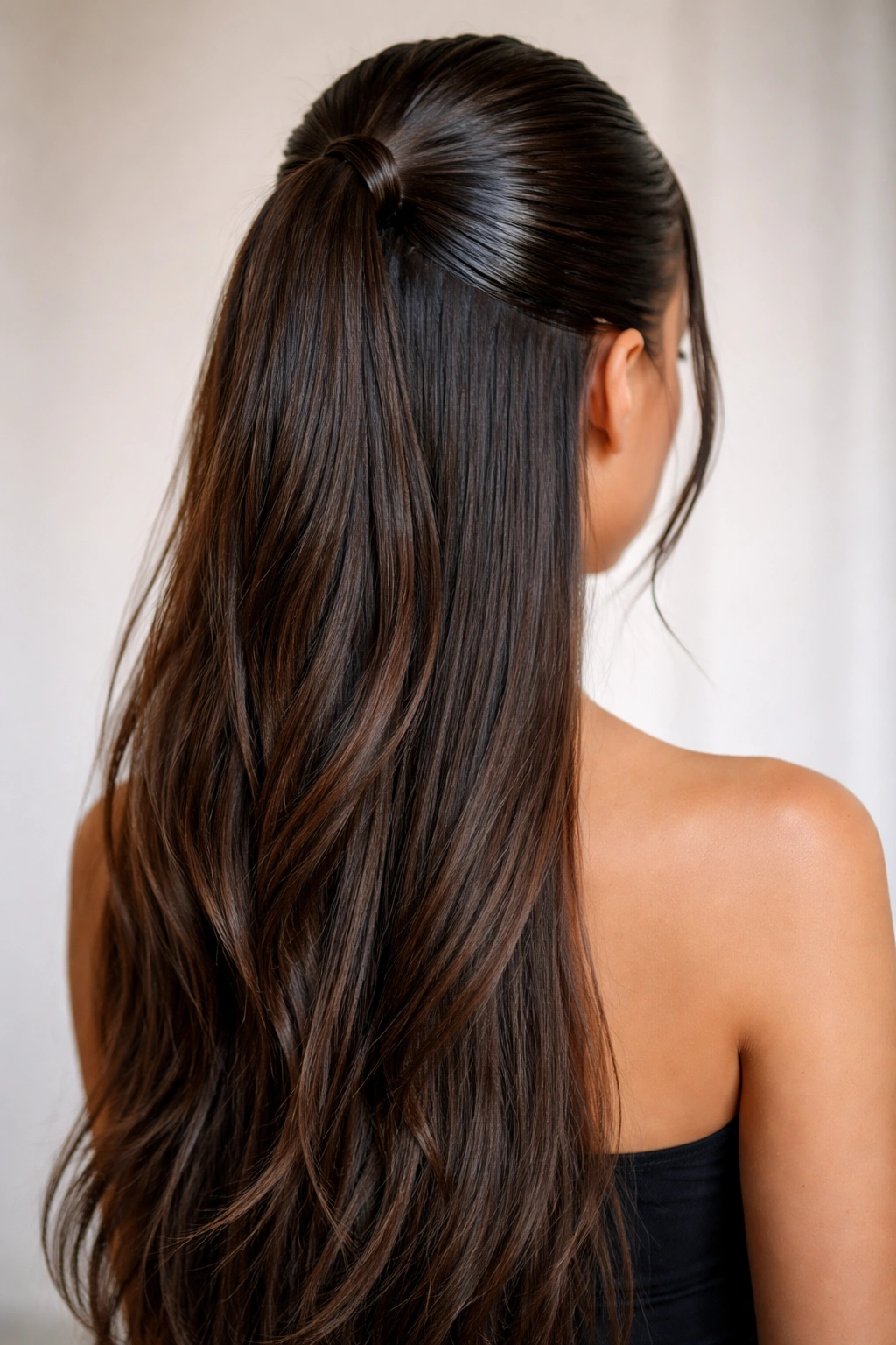 Back view of half-up hairstyle with slicked-back glossy roots