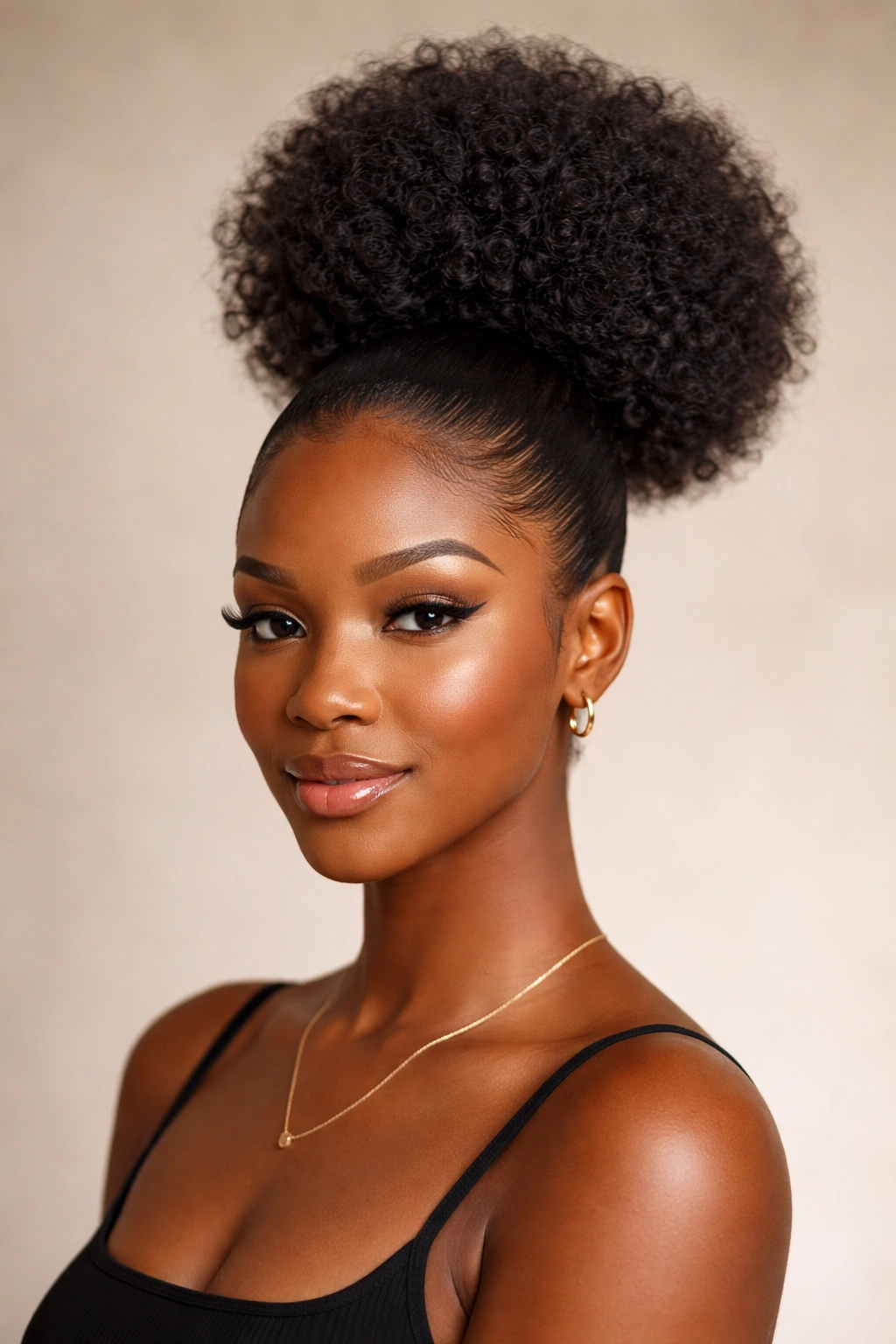 Close-up portrait of a Black woman with a slick crown and high puff in studio lighting.