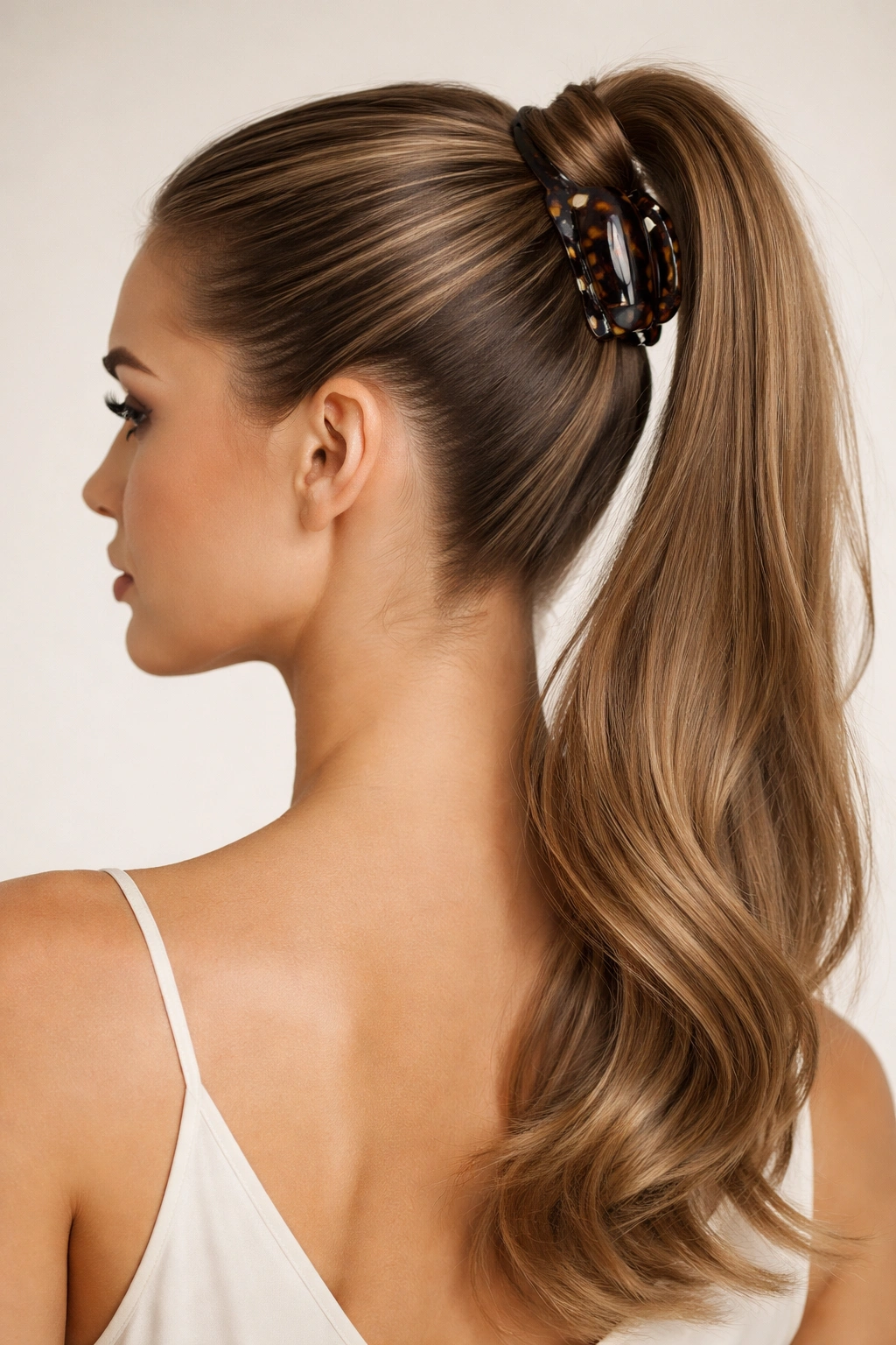 Close-up of a glossy slicked high pony with a twist secured by a claw clip