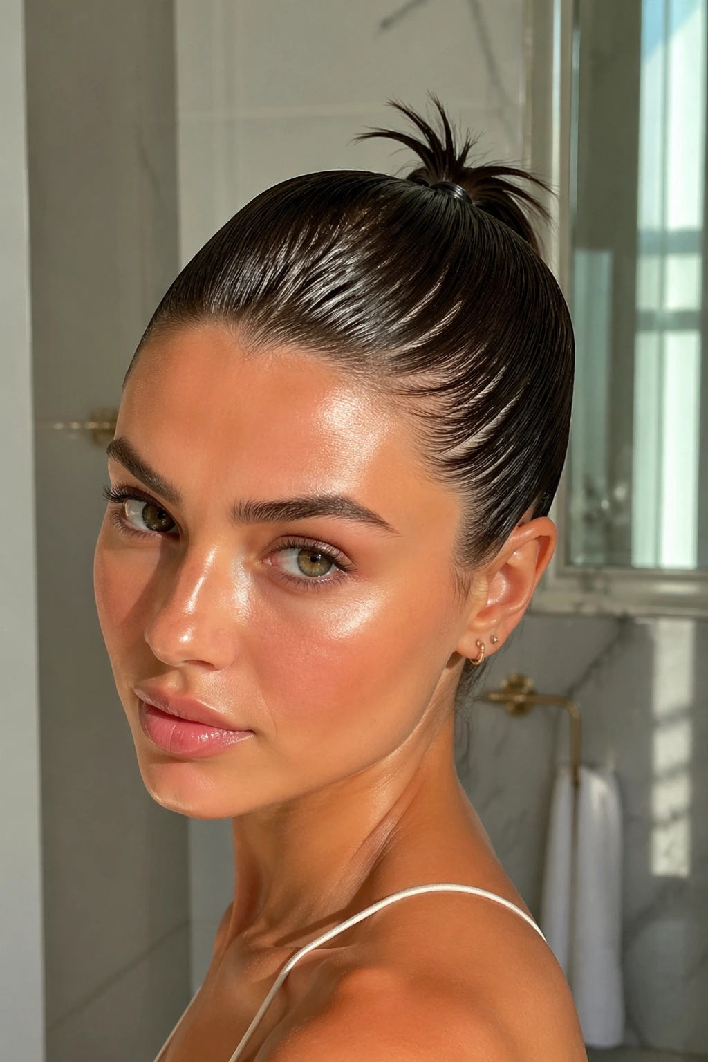 Close-up of a real woman with a high slicked-back micro ponytail at the crown.