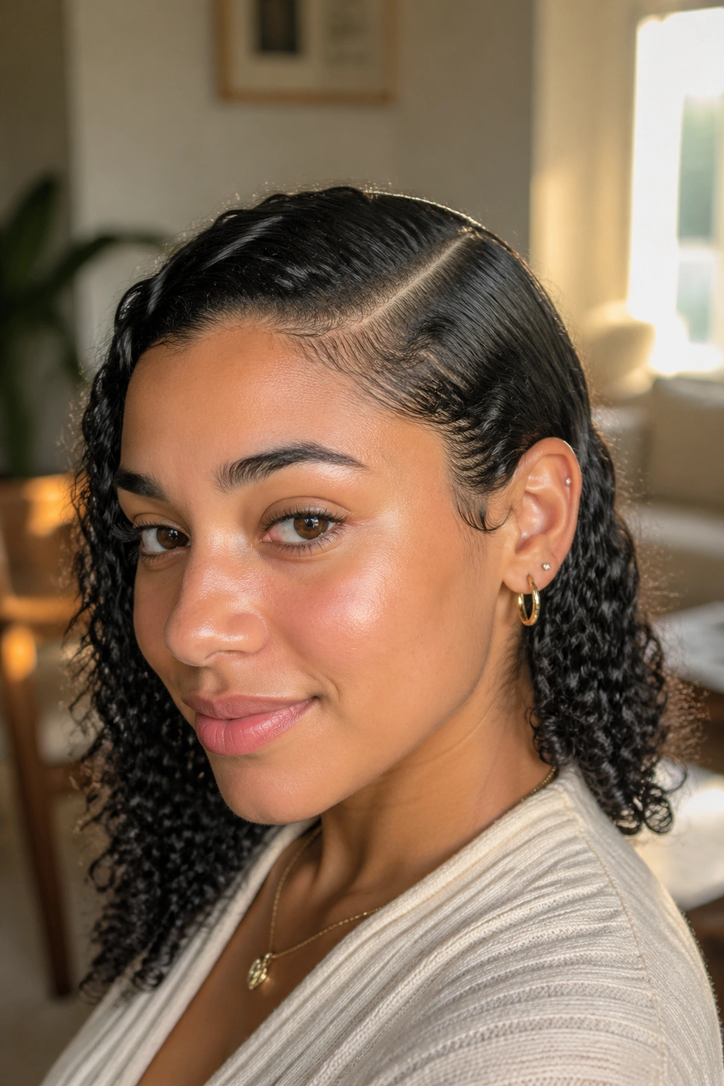 Portrait of woman with a wet slicked-down side part