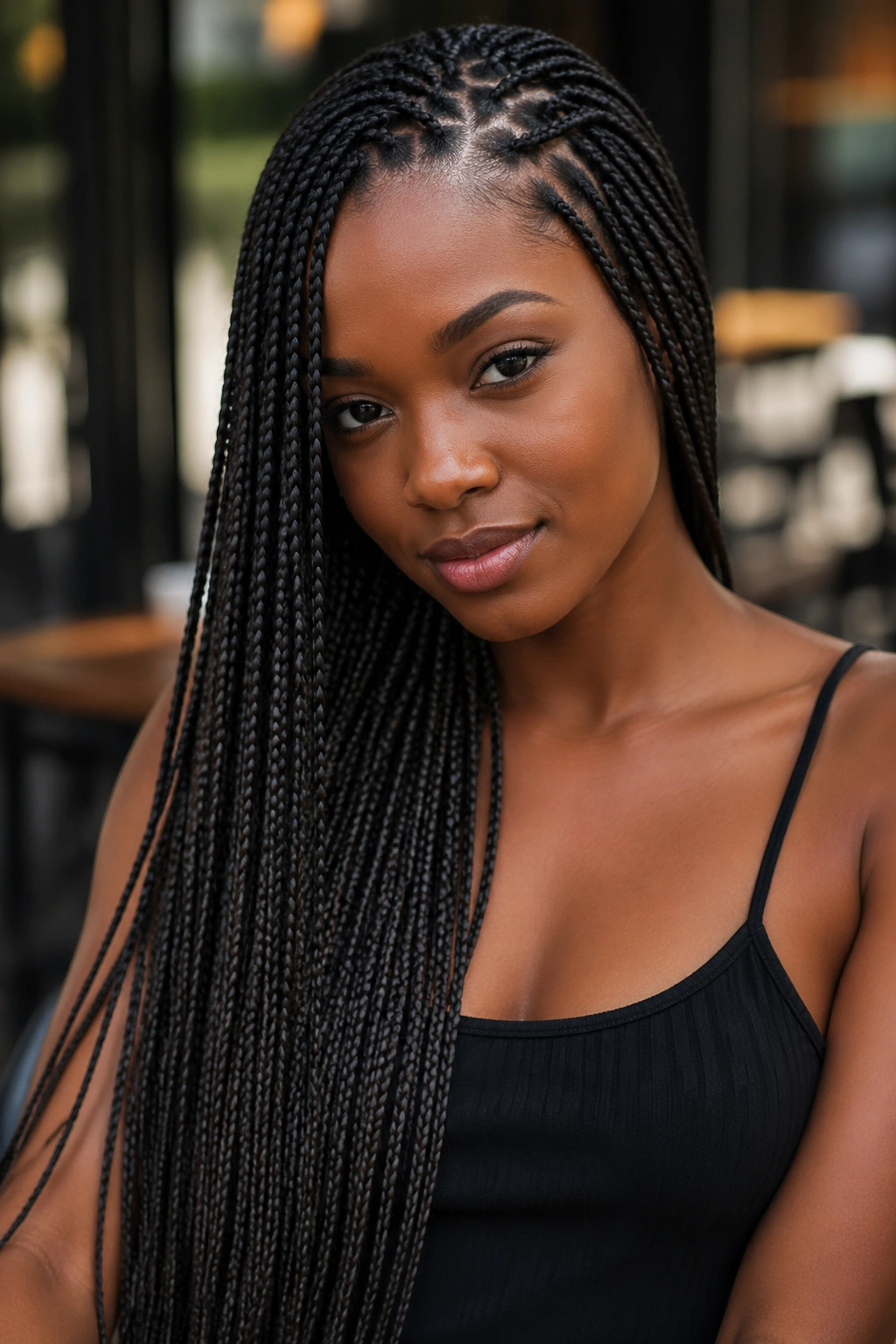 Close-up portrait of a real woman with slim pencil-size long box braids outdoors