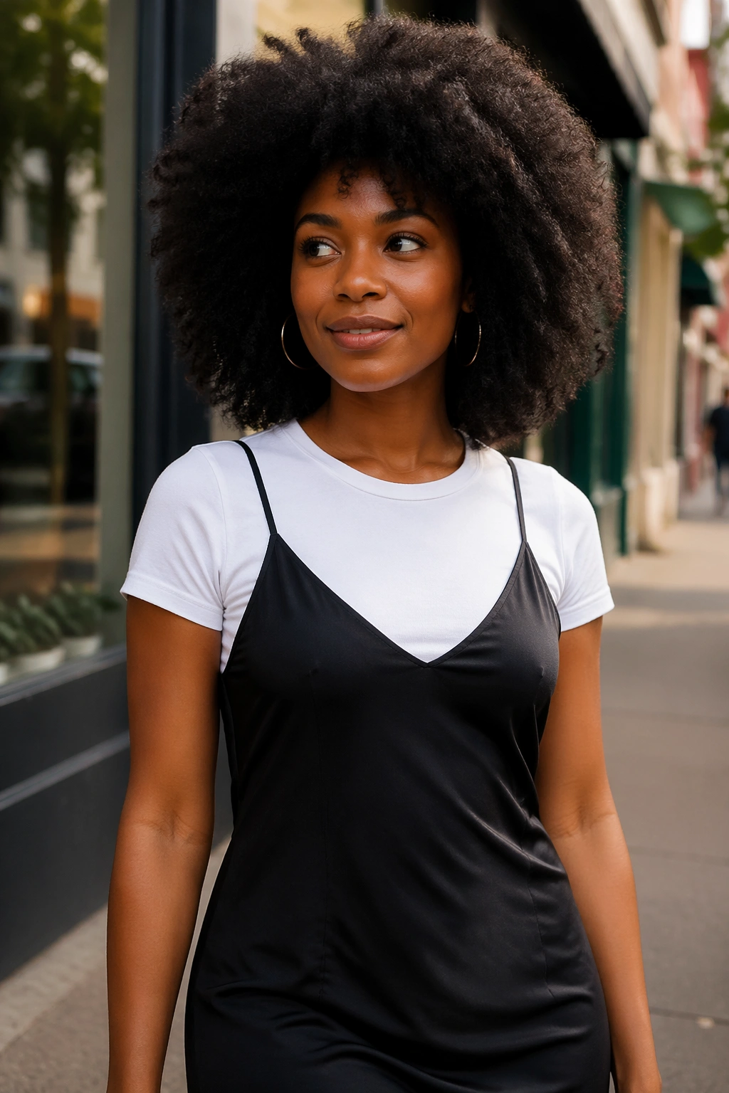 Portrait of a woman in a midi slip dress with a white tee underneath outdoors