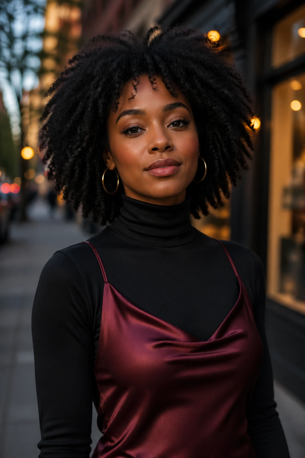 Close-up of a woman wearing a turtleneck under a slip dress layered outfit