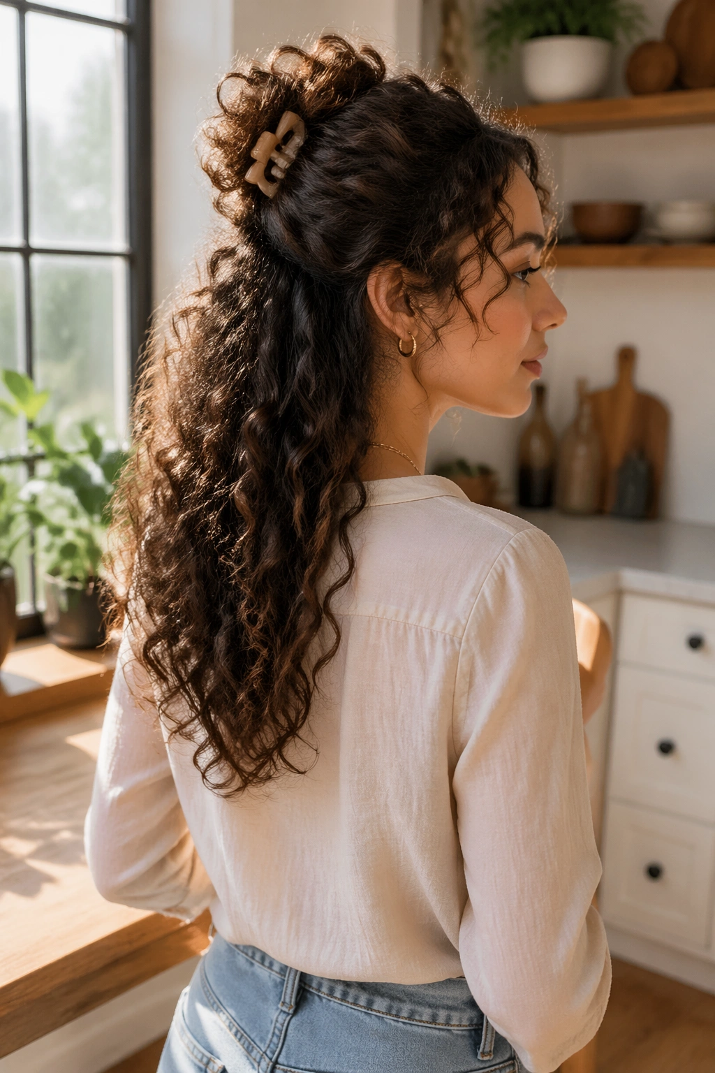 Woman with clipped-back slouch bun in bright kitchen
