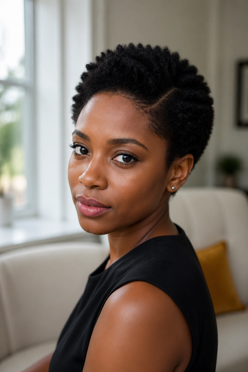 Close-up of a woman with a 2-3 inch Little Black Dress Afro in soft daylight