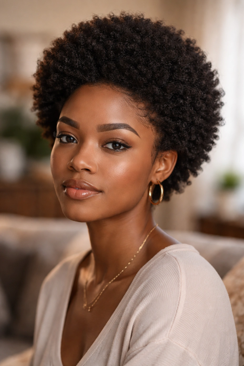 Portrait of a real person with a small Afro in a cozy living room.