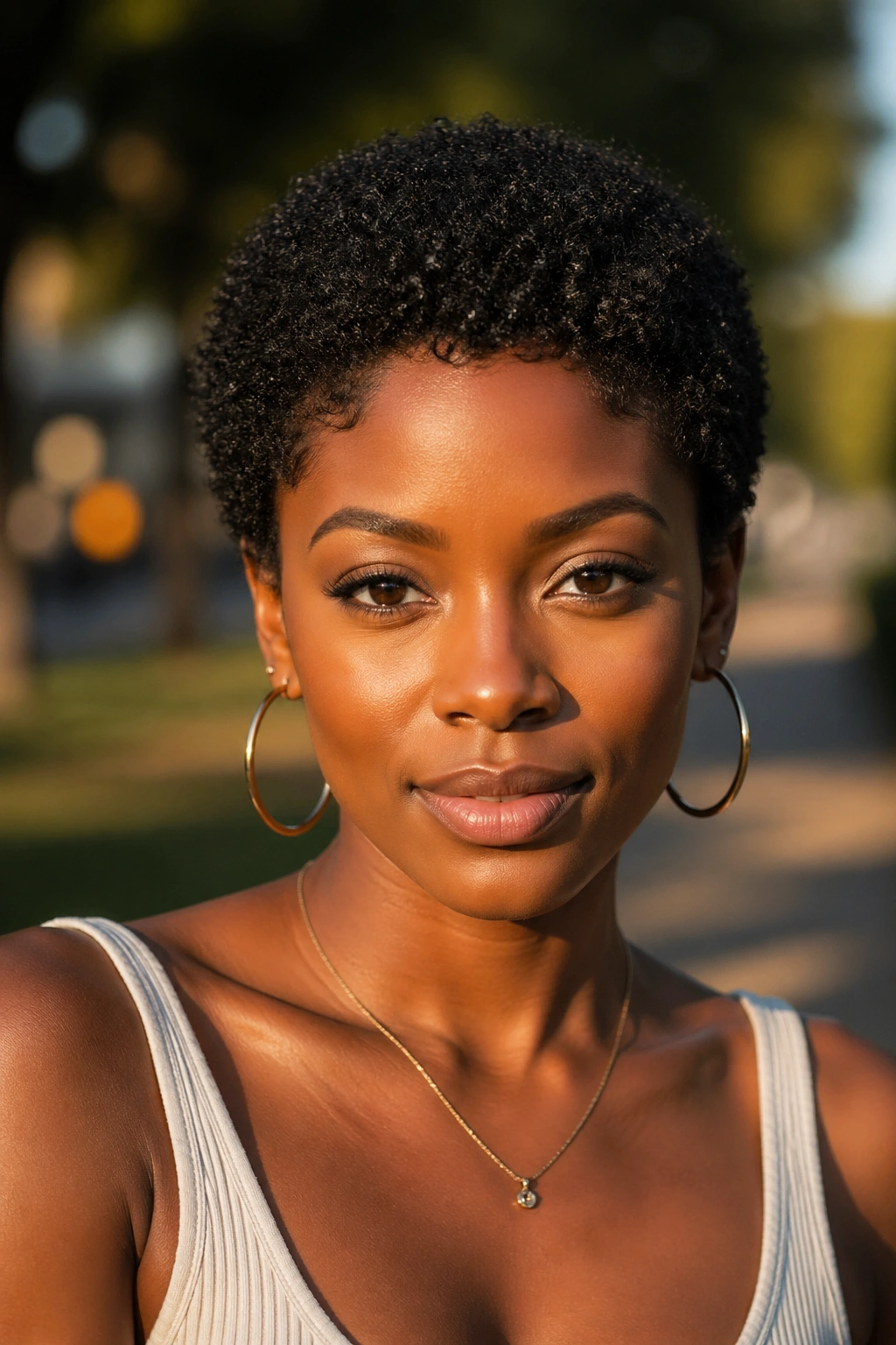 Close-up of a petite woman with a small afro around 2-3 inches in golden hour light