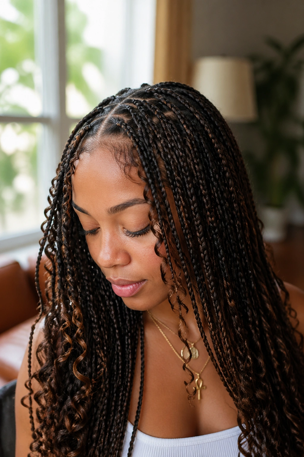 Close-up of a woman with many small boho box braids