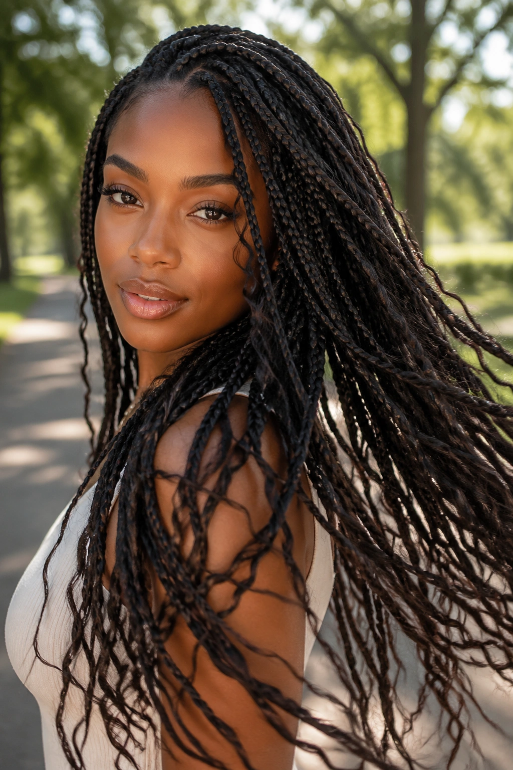 Close-up portrait of a real woman with dense, small long boho box braids