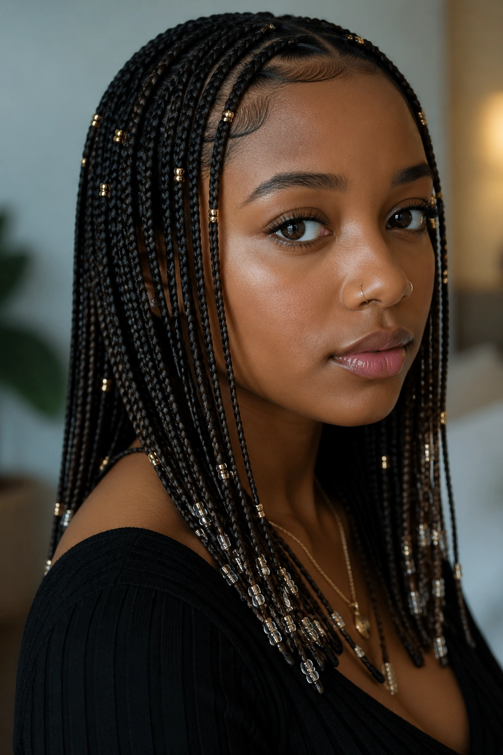 Close-up of real person with small box braids and tiny beads.