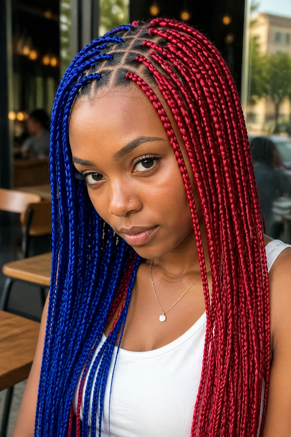 Real person with small blue and red box braids and clean parting