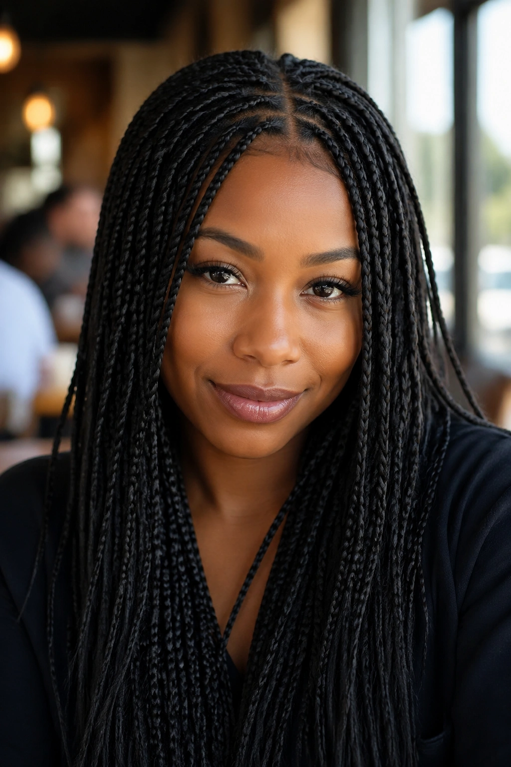 Close-up portrait of a woman with dense small box braids
