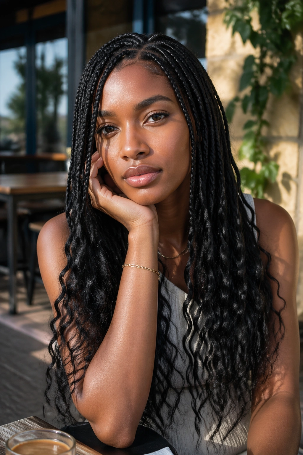 Close-up of a real woman with small box braids and water-wave ends in a cafe setting