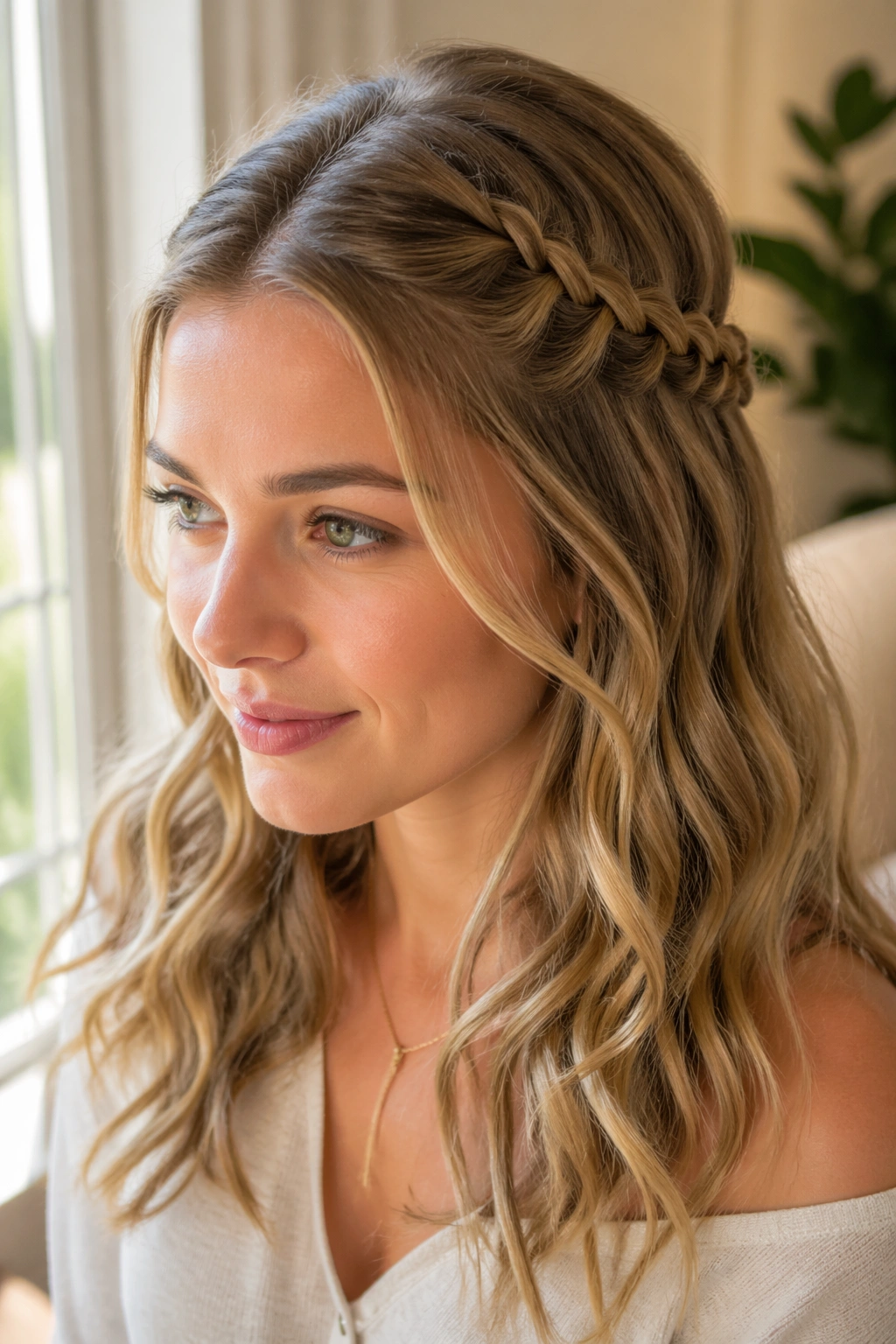 Close-up portrait of a real woman wearing a small braided crown along the hairline.