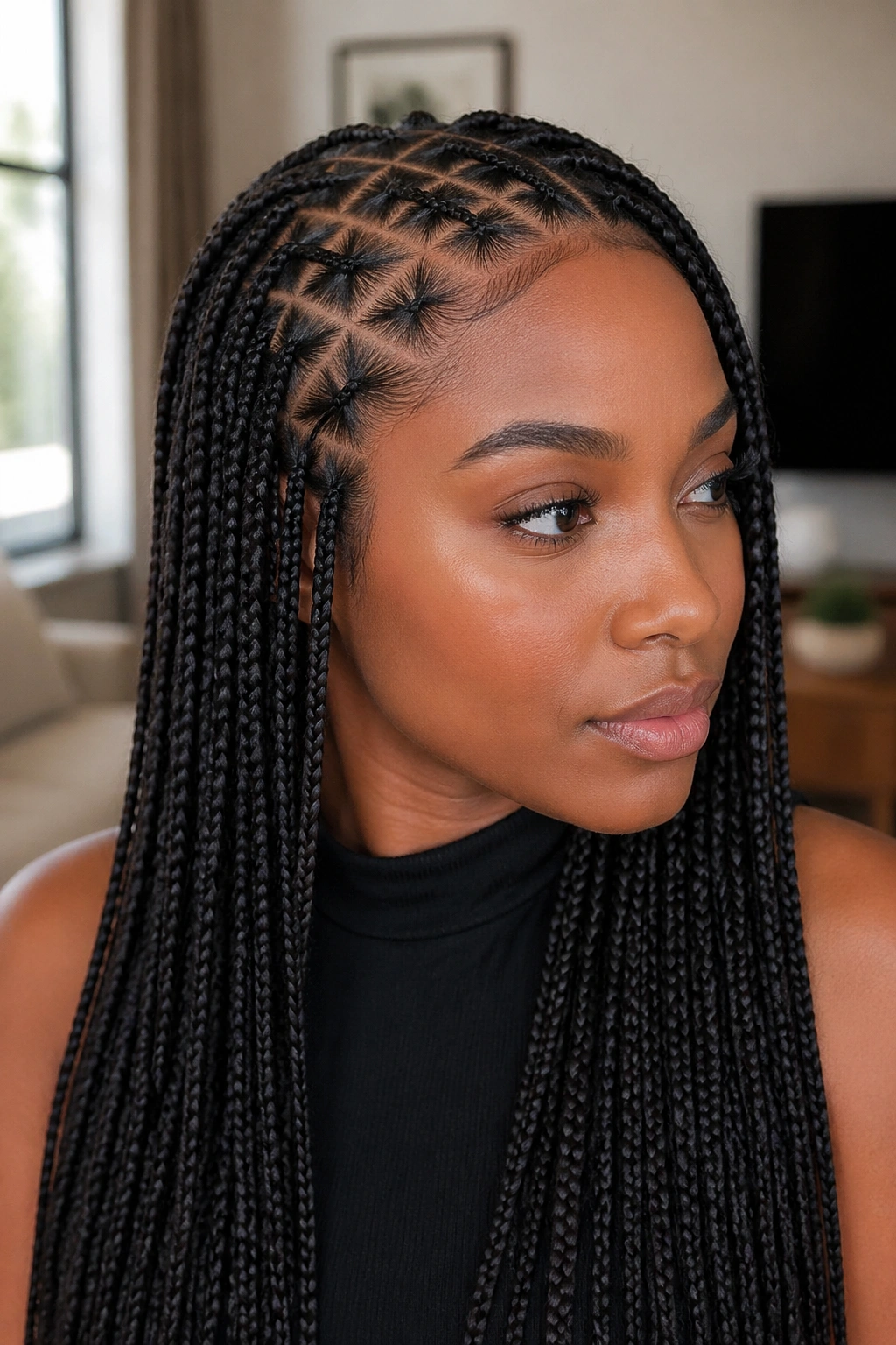 Close-up of small triangle-part box braids with crisp parts for a neat finish