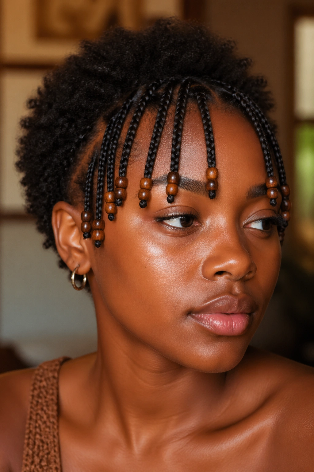 Real person with small braids ending in wooden beads on the front half of the head